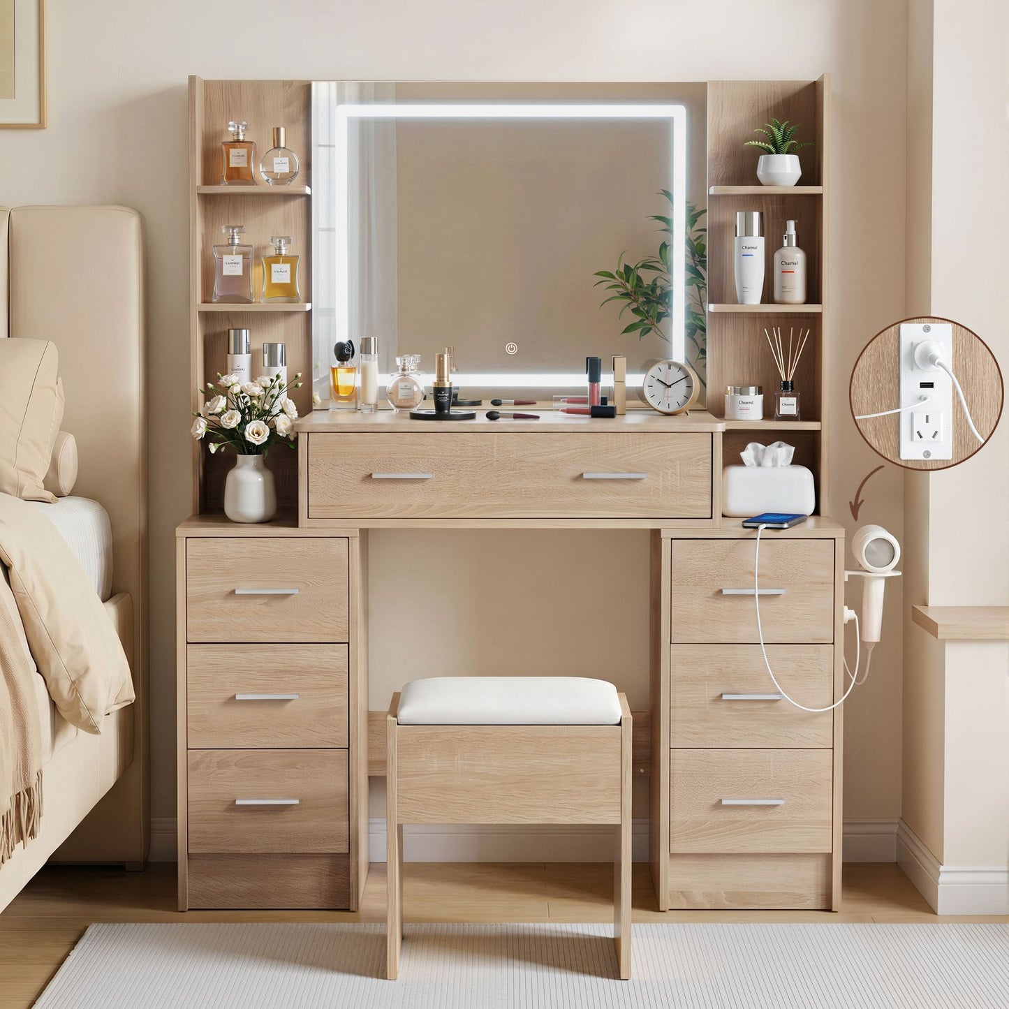 Artiss Dressing Table Vanity Desk Set Stool LED Charging Station Wood (Copy)