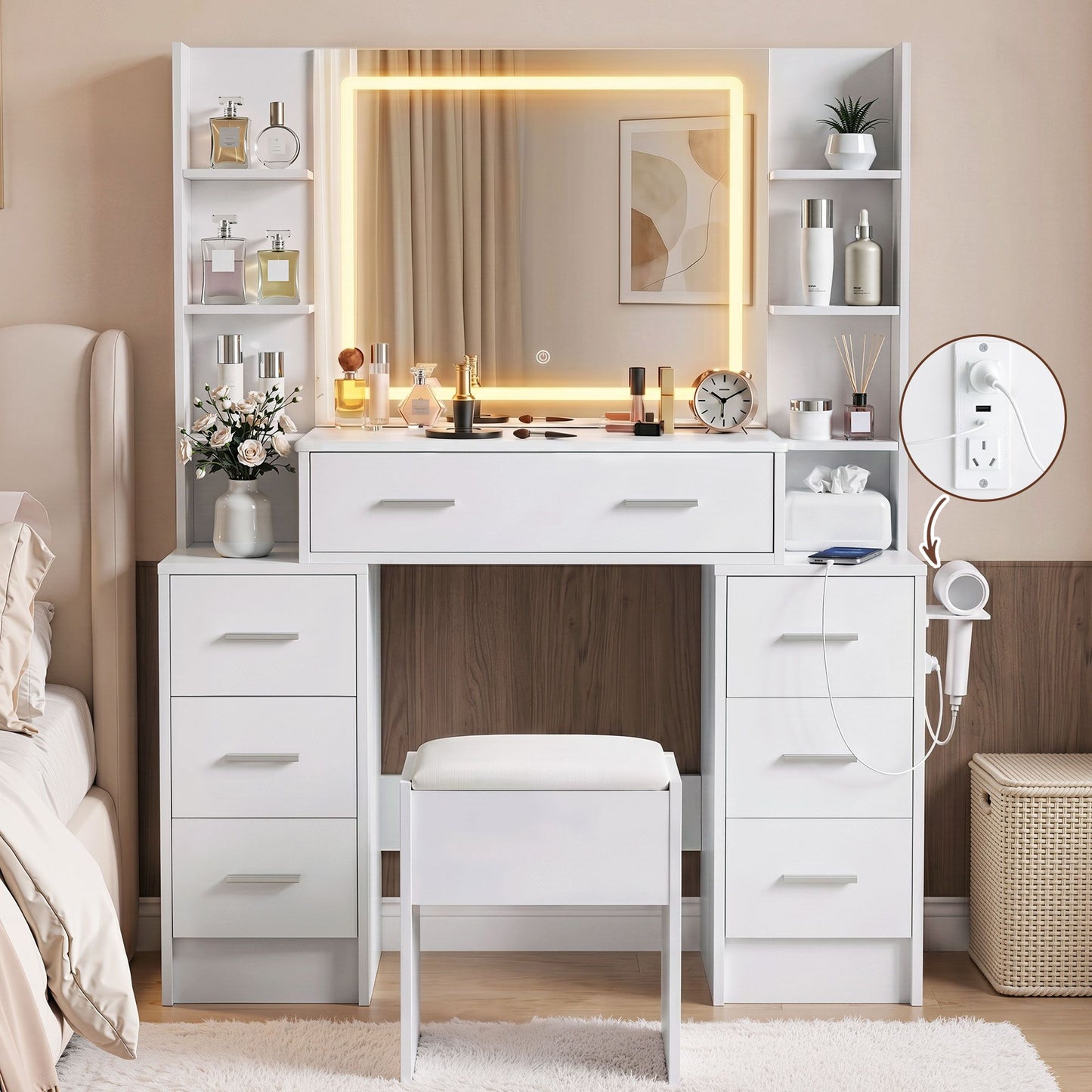 Artiss Dressing Table Vanity Desk Set Stool LED Charging Station White (Copy)