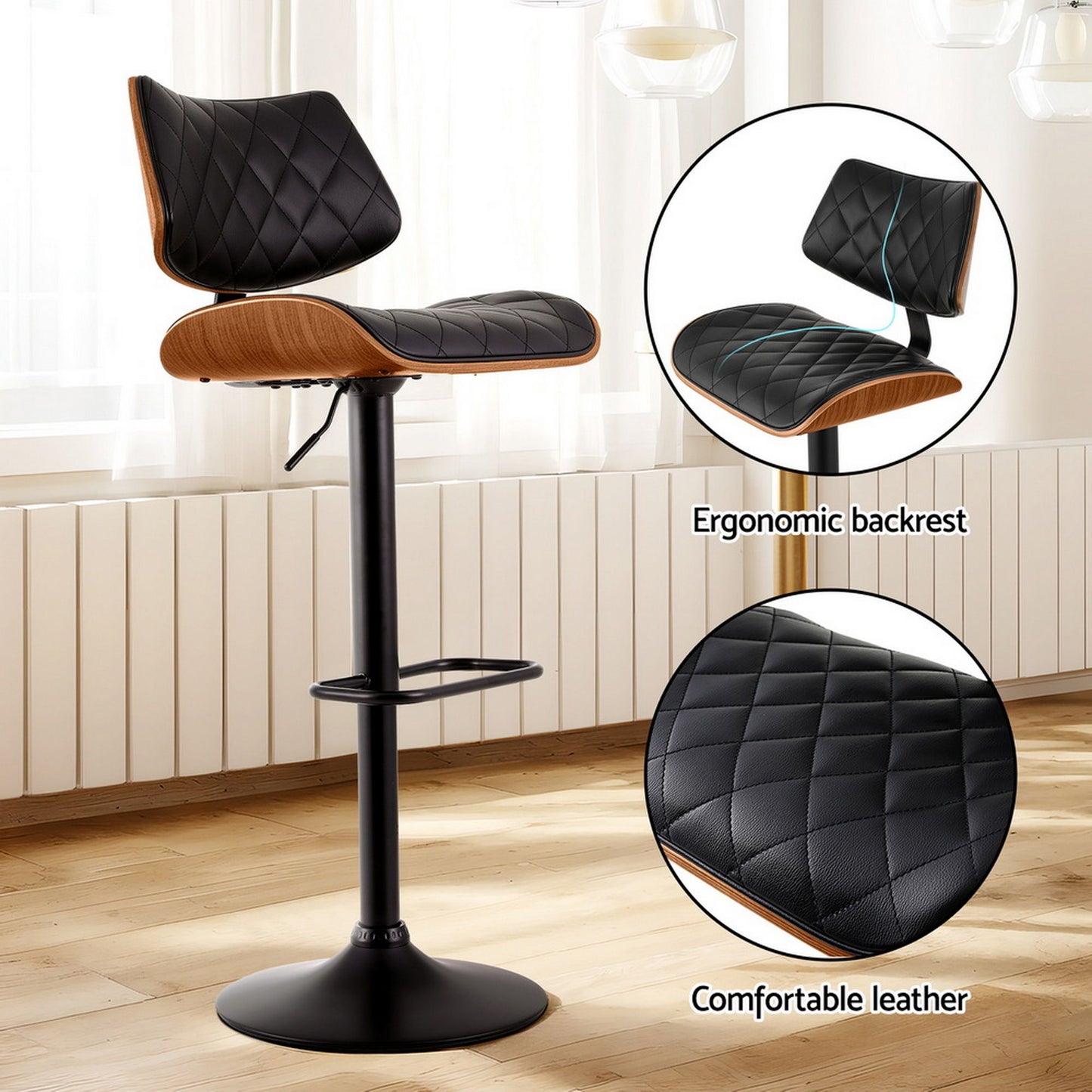 Artiss 2x Bar Stools Kitchen Dining Chairs Gas Lift Stool Wooden Leather Black