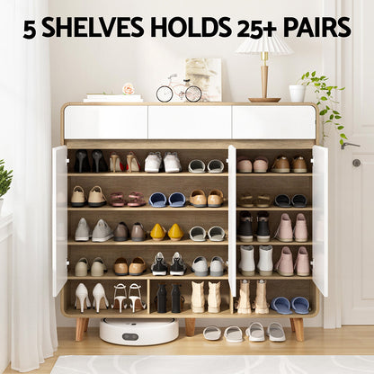 Artiss Shoe Rack Cabinet 25 Pairs Storage Cupboard Pine&White