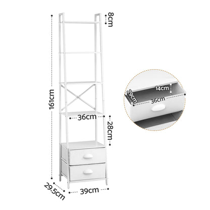 Artiss 5 Tier Bookshelf Ladder Bookcase with Fabric Drawers Display Rack White