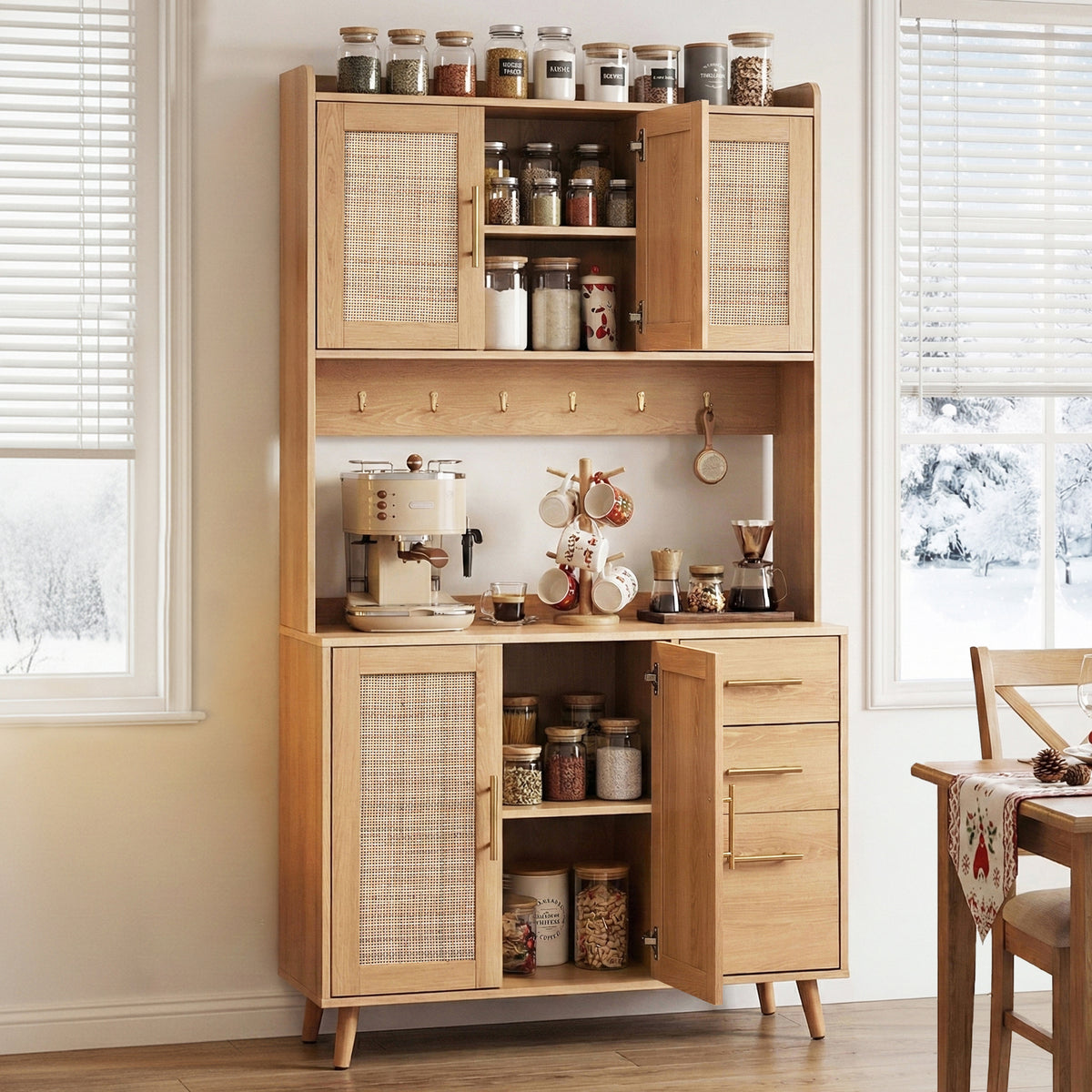 Artiss Buffet Sideboard Hutch Storage Cabinet Kitchen Cupboard Hooks Rattan Pine