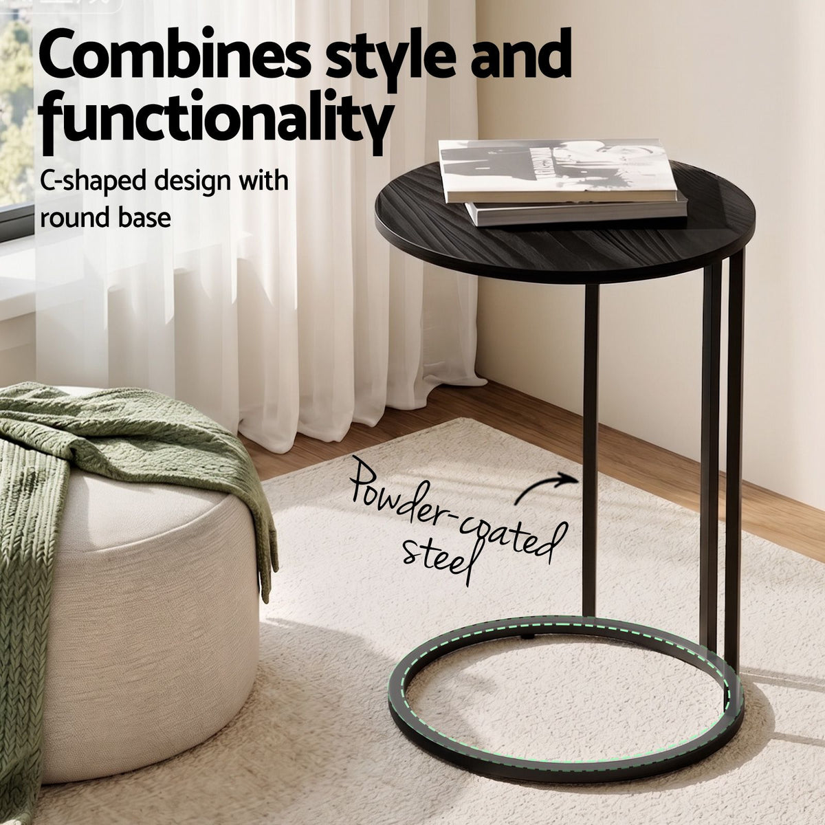 Artiss C Shaped End Table Set of 2 Coffee Table Side Table Round Black