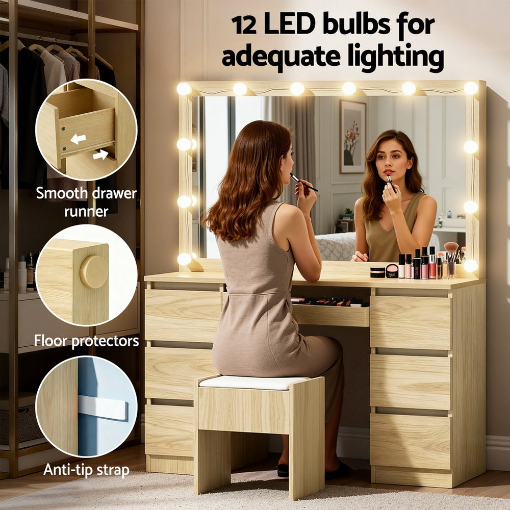 Artiss Dressing Table Vanity Desk Set Stool 12 Led Bulbs Wood
