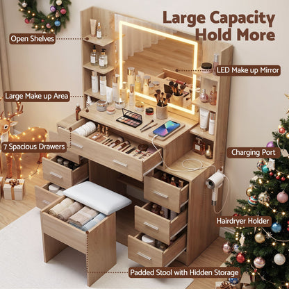 Artiss Dressing Table Vanity Desk Set Stool LED Charging Station Wood (Copy)