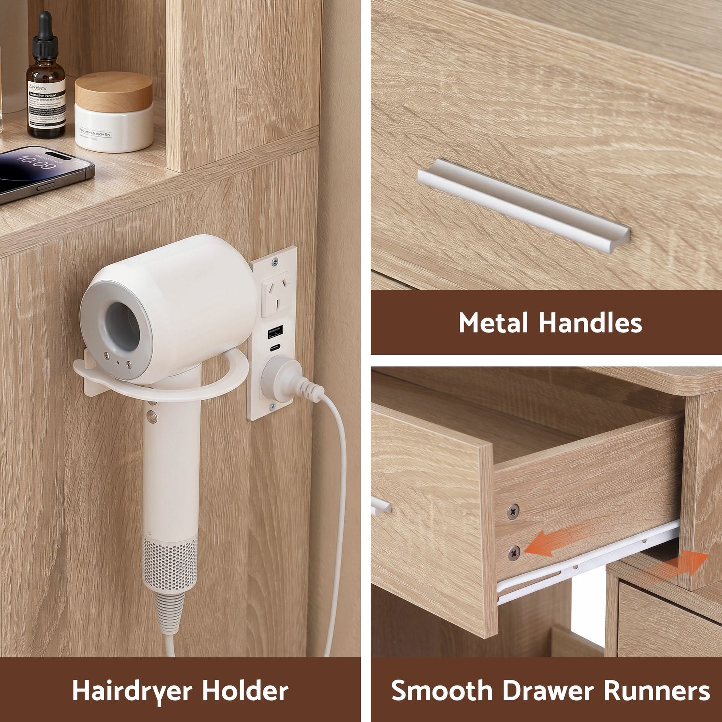 Artiss Dressing Table Vanity Desk Set Stool LED Charging Station Wood (Copy)