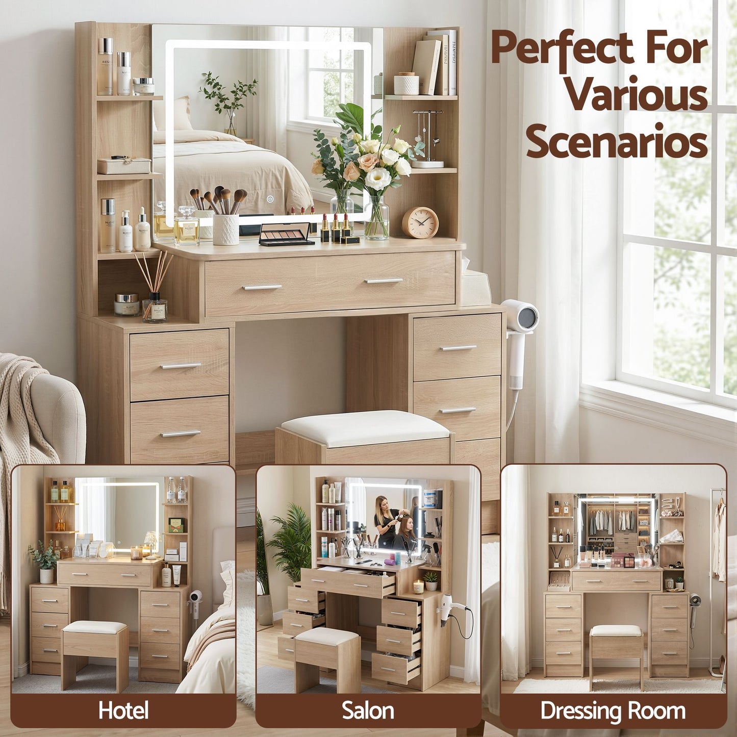 Artiss Dressing Table Vanity Desk Set Stool LED Charging Station Wood (Copy)