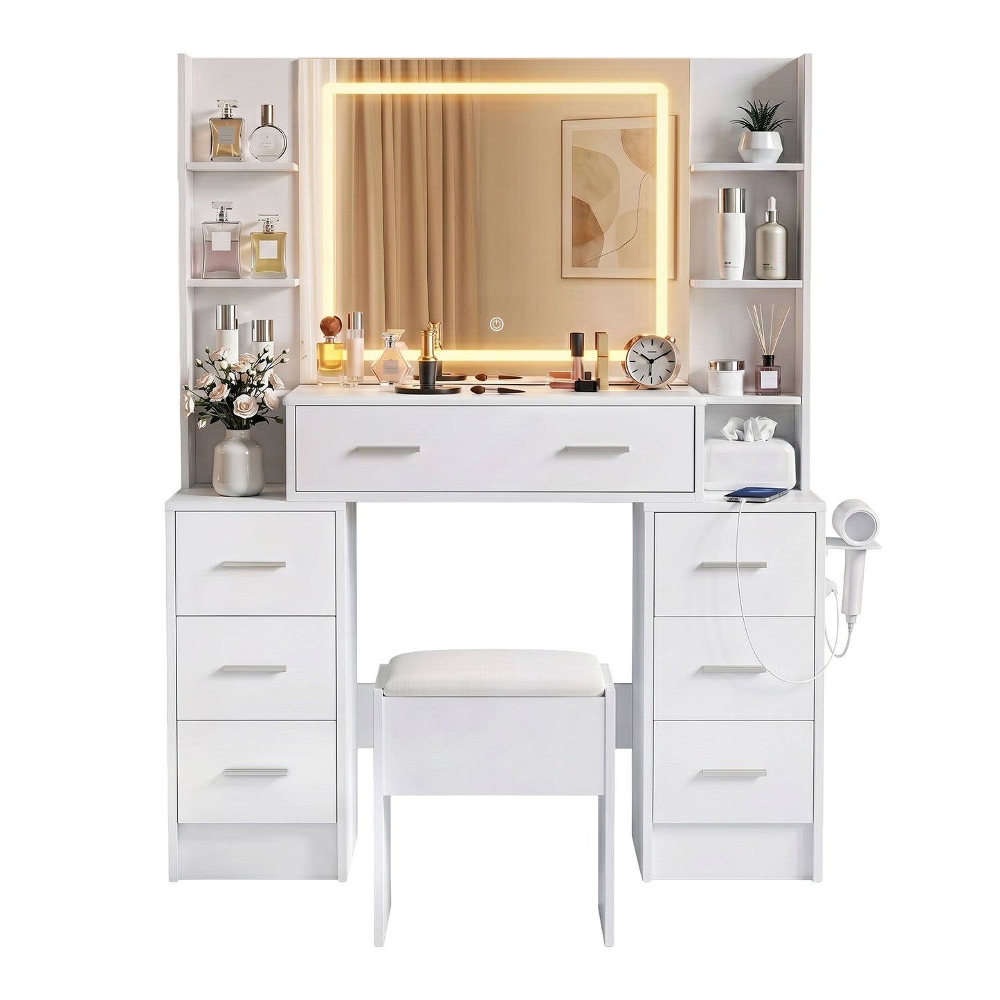 Artiss Dressing Table Vanity Desk Set Stool LED Charging Station White (Copy)