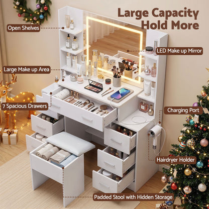 Artiss Dressing Table Vanity Desk Set Stool LED Charging Station White (Copy)