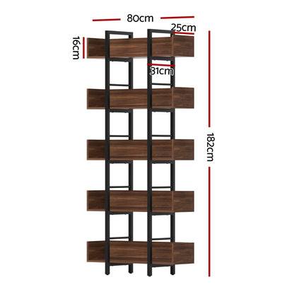 Artiss Bookshelf 5-Tier Bookcase Display Shelves Metal Storage Stand Rack Walnut