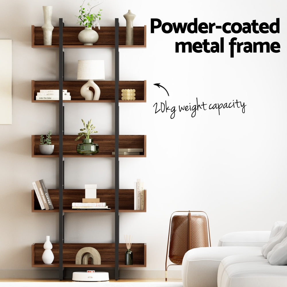 Artiss Bookshelf 5-Tier Bookcase Display Shelves Metal Storage Stand Rack Walnut