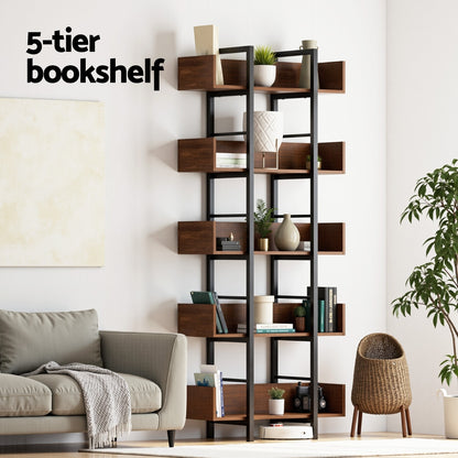 Artiss Bookshelf 5-Tier Bookcase Display Shelves Metal Storage Stand Rack Walnut