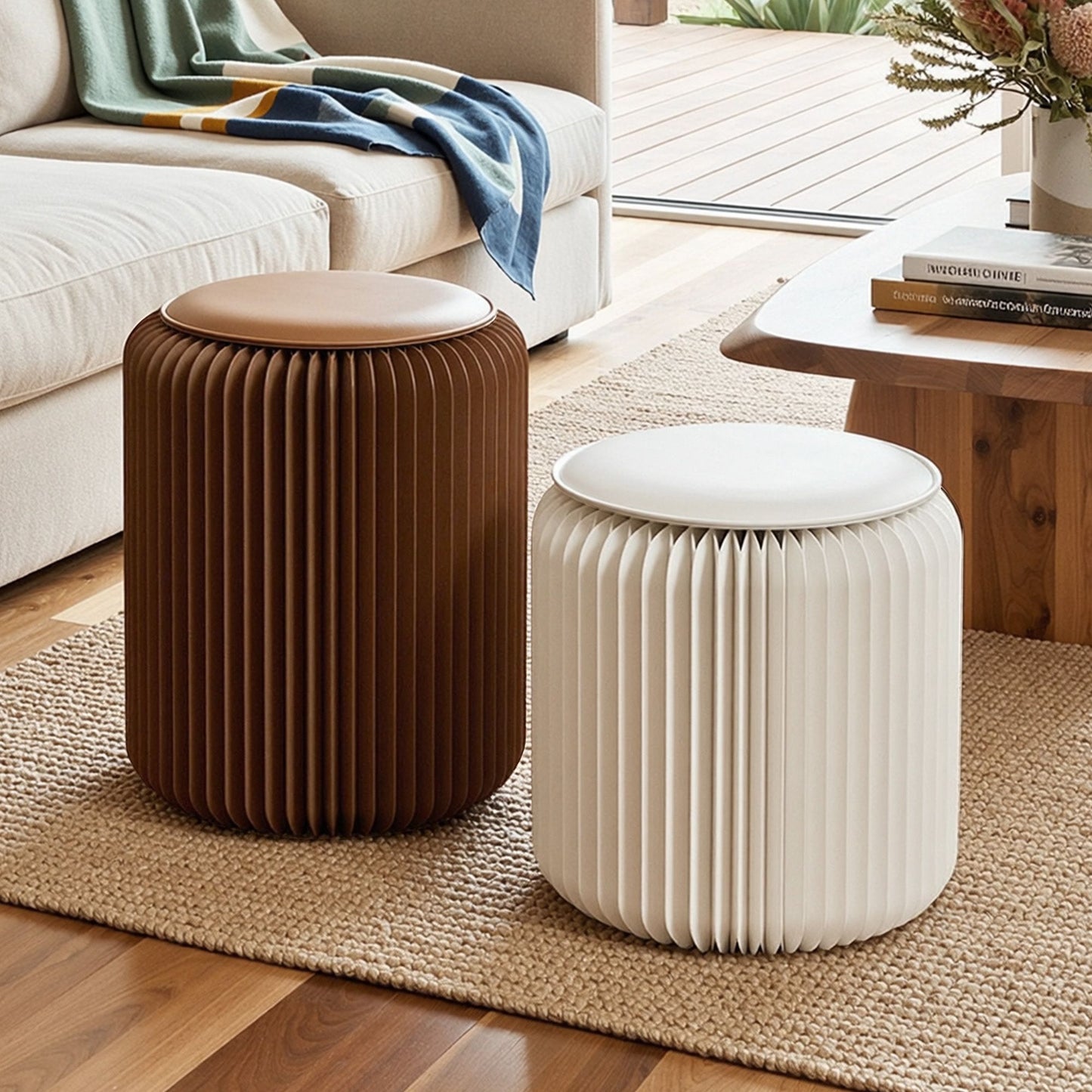 Artiss Accordion Folding Paper Stools Set Includes 2 Cushions Natural Kraft 100KG Capacity