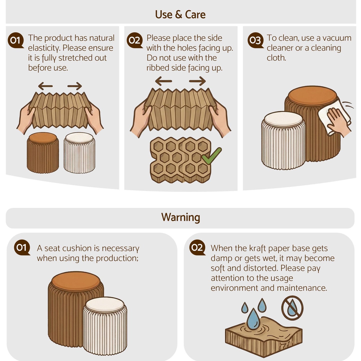 Artiss Accordion Folding Paper Stools Set Includes 2 Cushions Natural Kraft 100KG Capacity