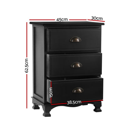 Artiss 2x Bedside Table 3 Drawers Vintage - THYME Black