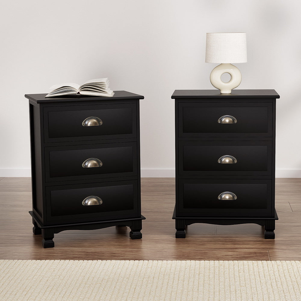 Artiss 2x Bedside Table 3 Drawers Vintage - THYME Black