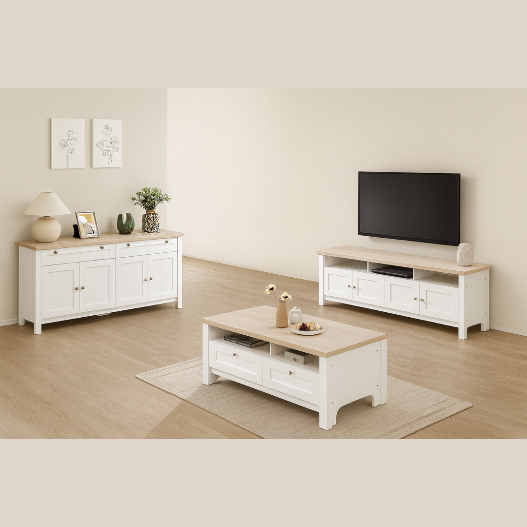 Noosa Coffee Table White Oak 2 Shelf and 2 Drawers