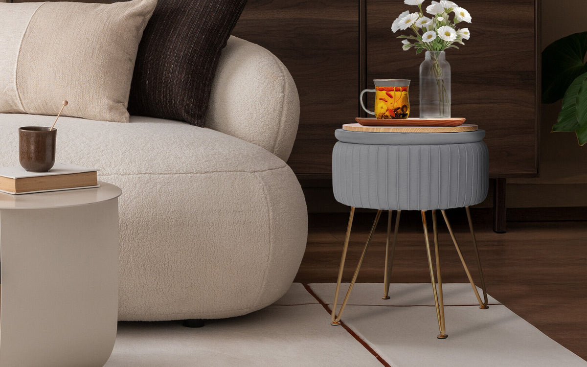 Side Table Storage Ottoman - Velvet Padded Stool Vanity Footstool REMY GREY
