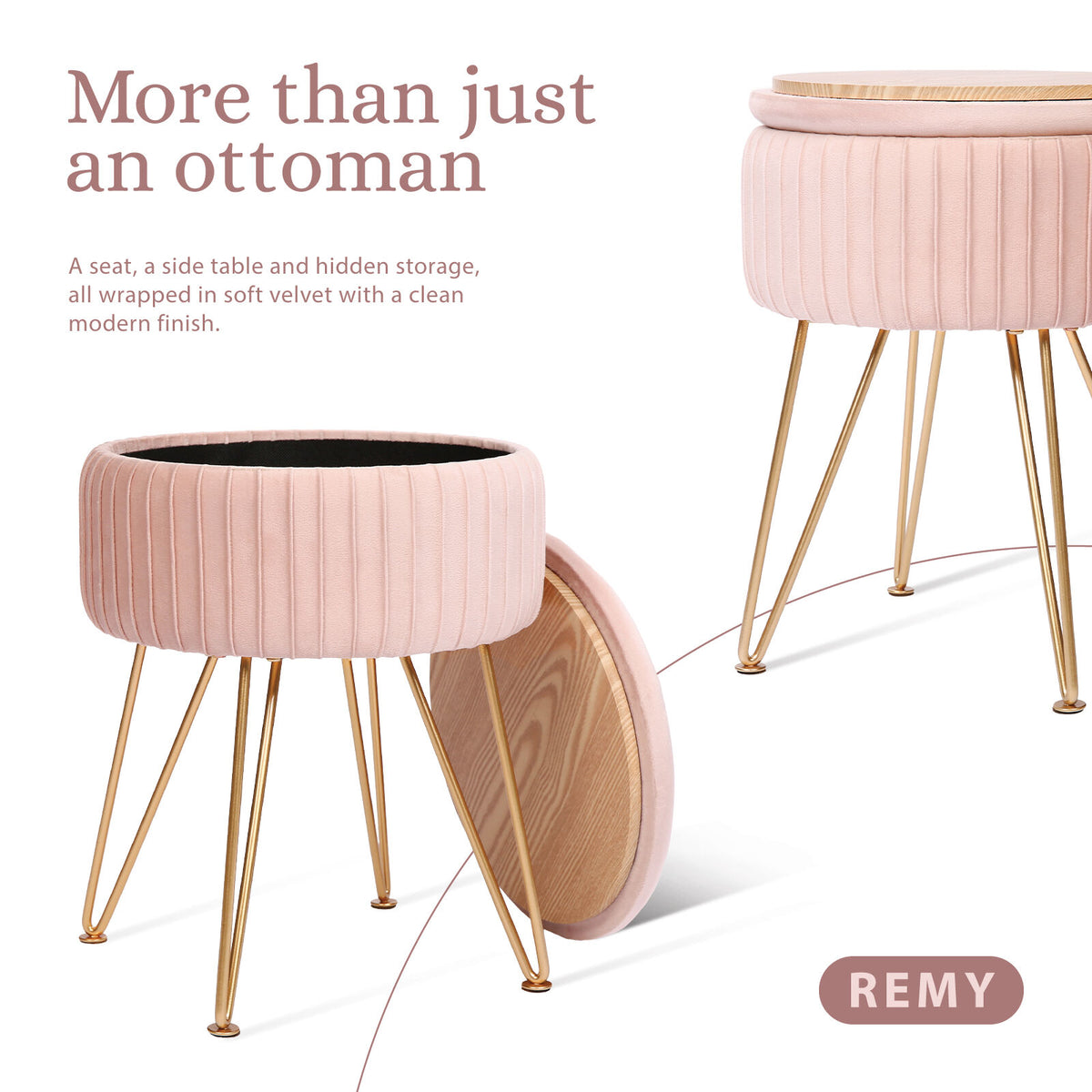 Side Table Storage Ottoman - Velvet Padded Stool Vanity Footstool REMY PINK
