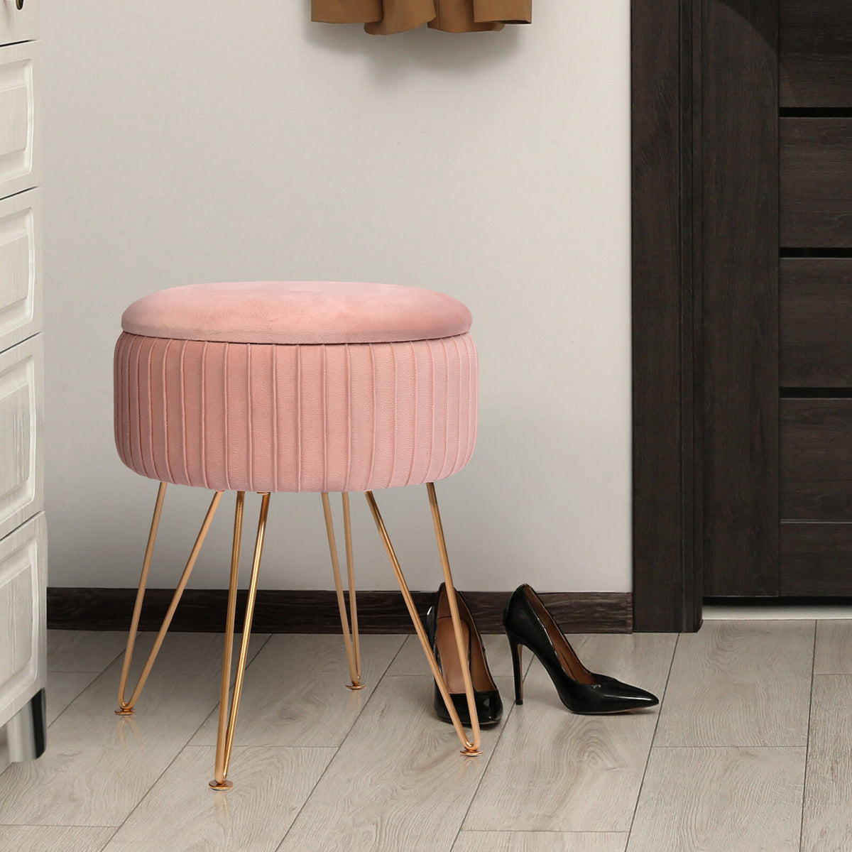 Side Table Storage Ottoman - Velvet Padded Stool Vanity Footstool REMY PINK