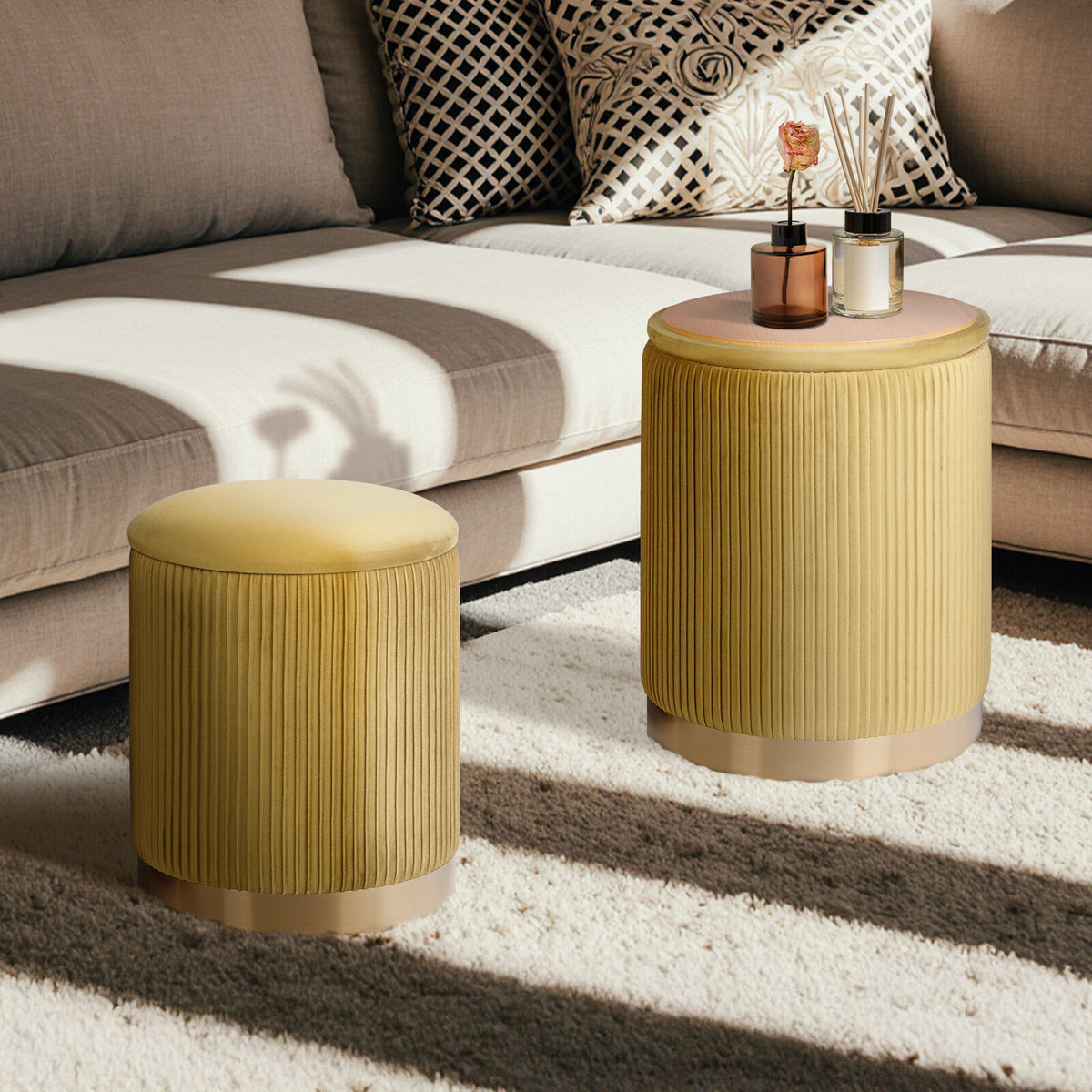 2X Side Table Storage Ottoman - Velvet Stool MIRA Mustard