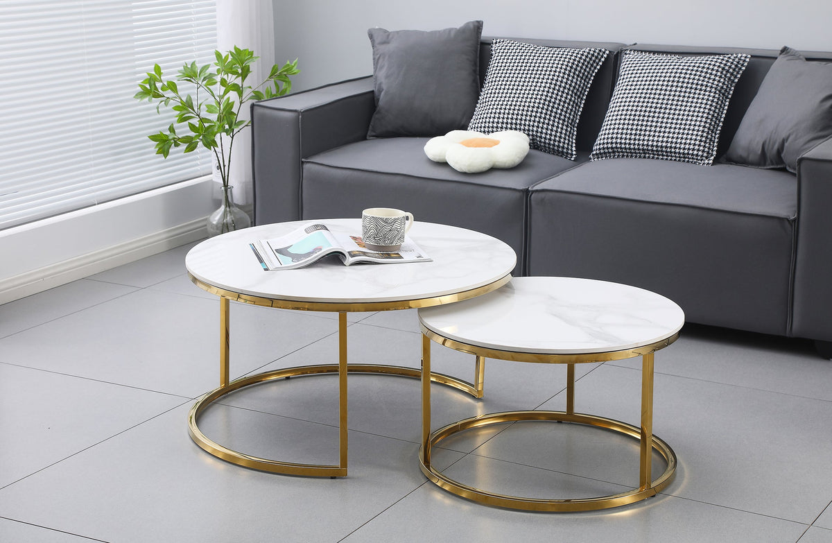 Nesting Style Coffee Table - White on Gold Stainless Steel - 80cm/60cm