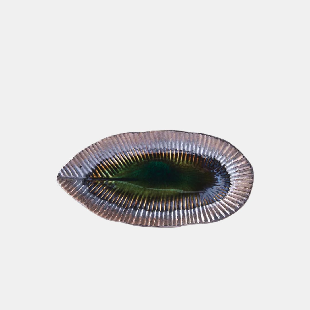 Plate Leaf Shape 21.5x10.5cm Midori Ridge Glaze