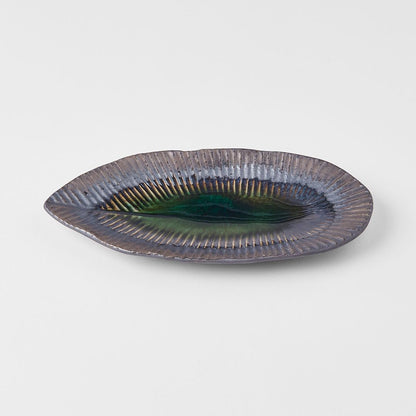 Plate Leaf Shape 21.5x10.5cm Midori Ridge Glaze