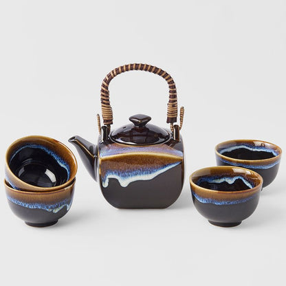 Tea Set 5pcs Tenmokku Bright Blue Glaze