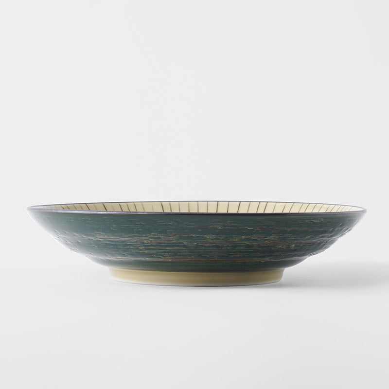 Pasta Bowl Flat Based 23cm Green Converging Line Glaze