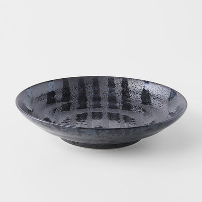 Pasta Bowl Flat 23cm Gloss Black Stripes On Gunmetal Black Glaze