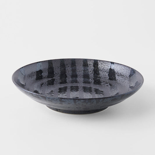 Pasta Bowl Flat 23cm Gloss Black Stripes On Gunmetal Black Glaze
