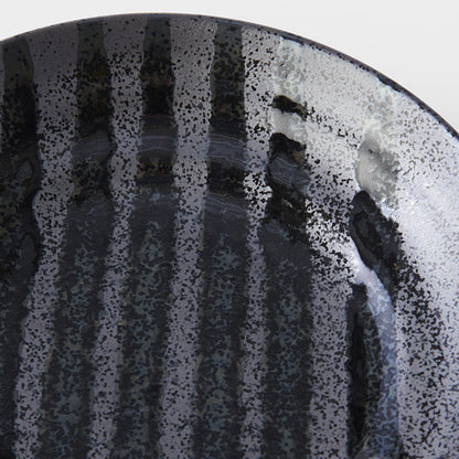 Pasta Bowl Flat 23cm Gloss Black Stripes On Gunmetal Black Glaze