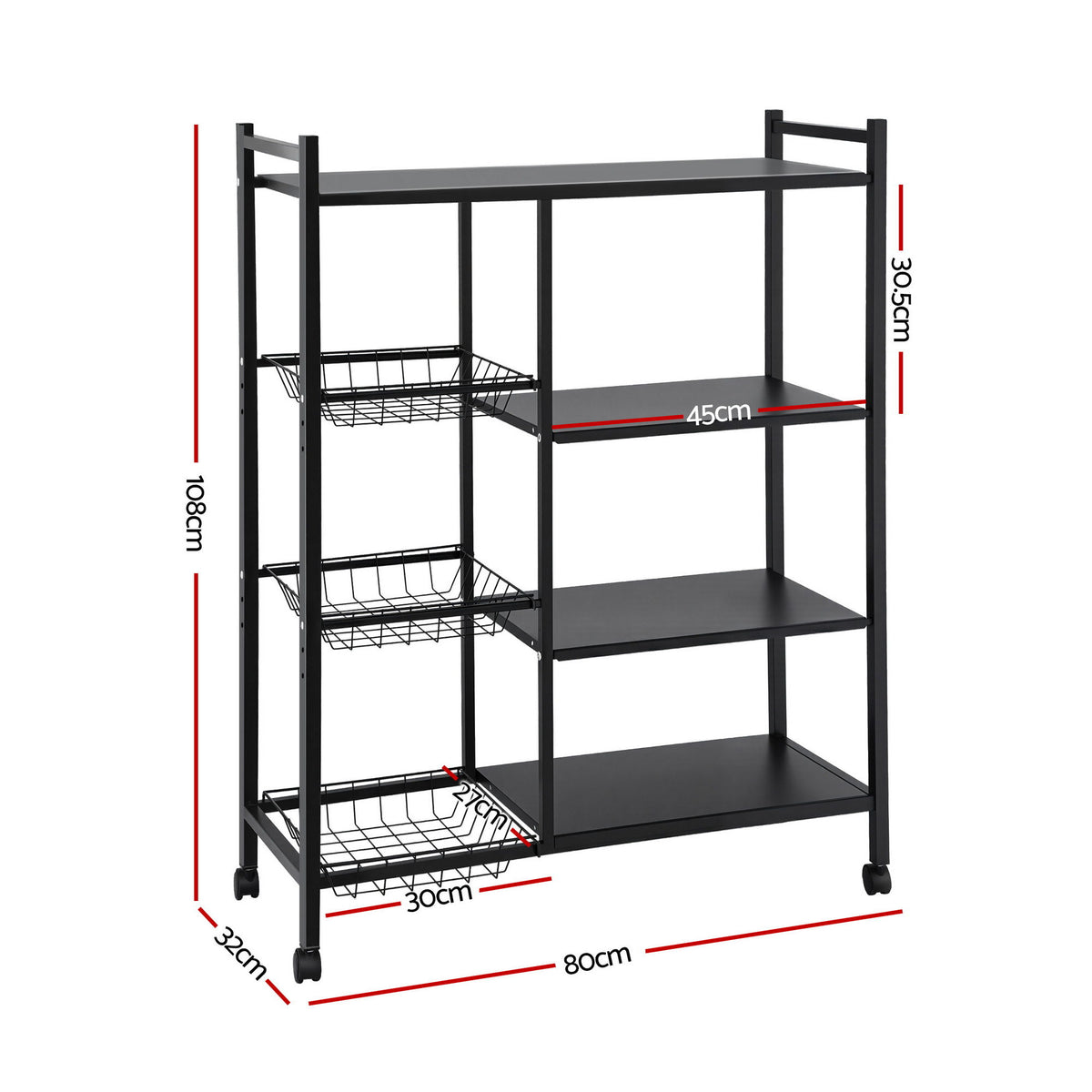 Artiss 4-Tier Kitchen Rack Microwave Bakers Storage Shelf with 3 Baskets Wheels