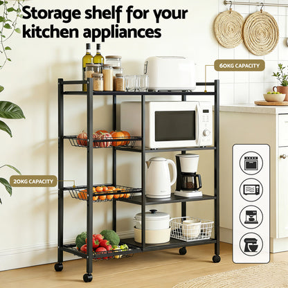 Artiss 4-Tier Kitchen Rack Microwave Bakers Storage Shelf with 3 Baskets Wheels