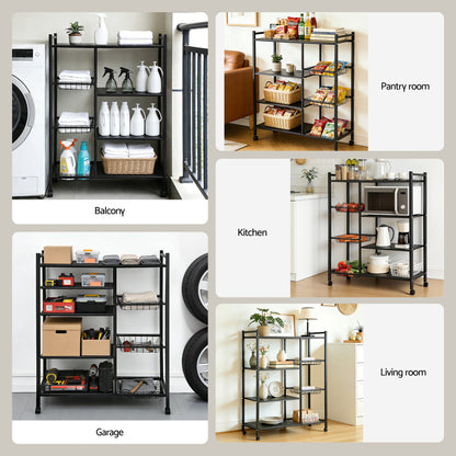 Artiss 4-Tier Kitchen Rack Microwave Bakers Storage Shelf with 3 Baskets Wheels