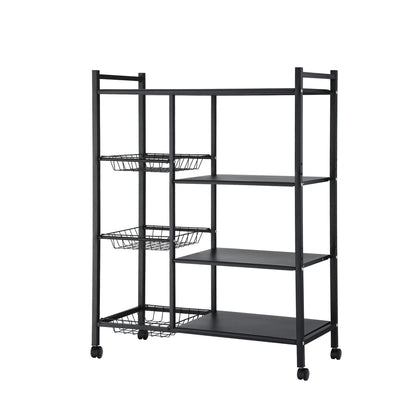 Artiss 4-Tier Kitchen Rack Microwave Bakers Storage Shelf with 3 Baskets Wheels