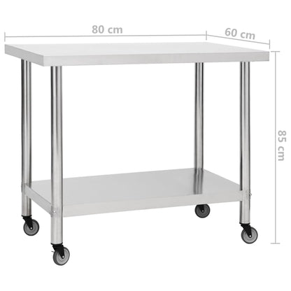 Kitchen Work Table with Wheels 80x60x85 cm Stainless Steel