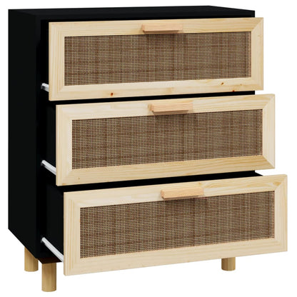 Sideboard Black 60x30x70 cm Solid Wood Pine and Natural Rattan